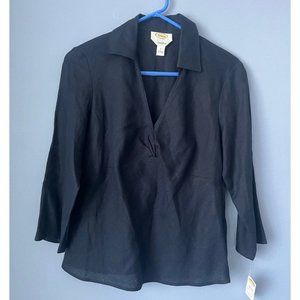 Talbots Irish Linen V Neck 3/4 Sleeve Popover Blouse Top Vintage Sz 6 Navy Blue